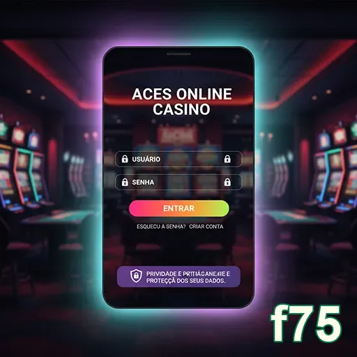Tela de login do cassino online f75 com slots ao fundo.
