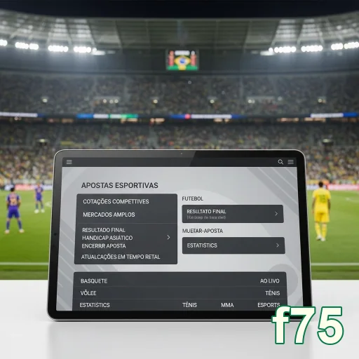 f75 mostra tablet com interface de apostas esportivas.