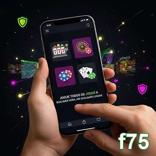 Usuário interagindo com a plataforma f75 de jogos no celular.