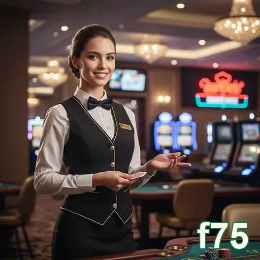 Dealer sorridente no cassino f75, apresentando jogos VIP.