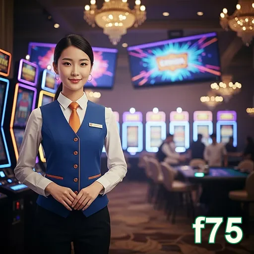 Dealer ao vivo em cassino do f75 com slot games ao fundo.