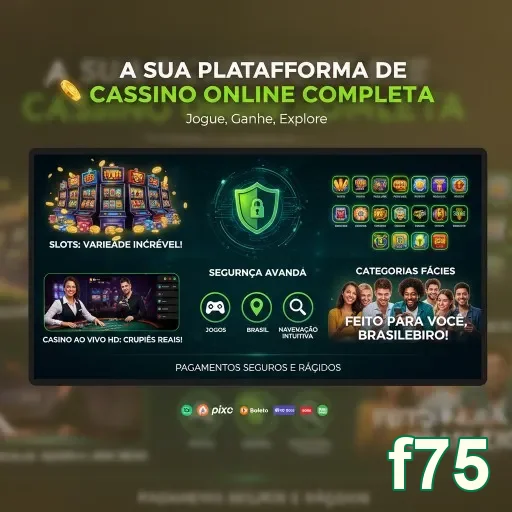 Interface do site f75 com foco em jogos de cassino e segurança.