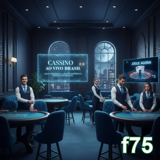 Ambiente do cassino ao vivo no f75 com dealers e mesas.