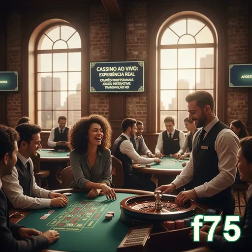 Ambiente de cassino ao vivo no f75 com dealers interagindo.