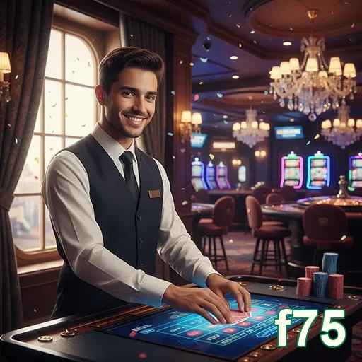 Dealer sorridente no app do f75 com jogos ao vivo.