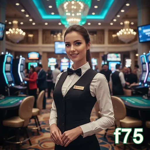 Dealer VIP da f75 em ambiente de cassino interativo.