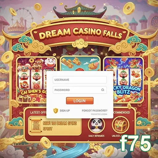 Tela de login do f75 com jogos de slots em destaque.