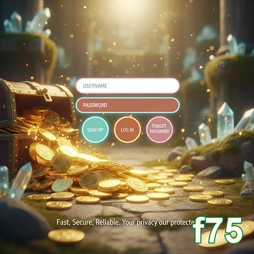 Interface de login do f75 com tesouro e moedas visíveis.