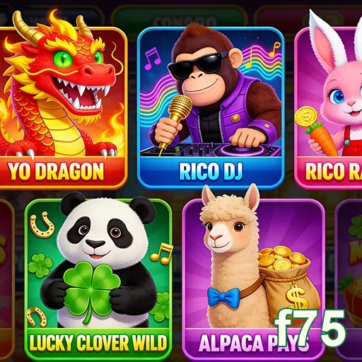 Personagens de jogos de slot em f75, incluindo dragão e panda.