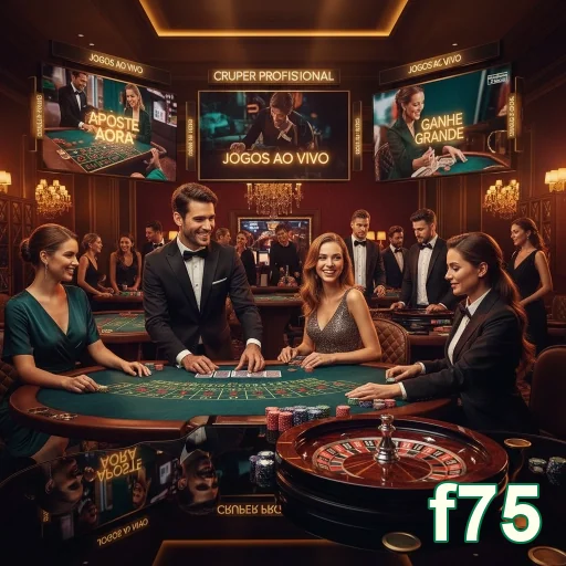 Cena de um cassino ao vivo no f75 com jogadores e dealers.