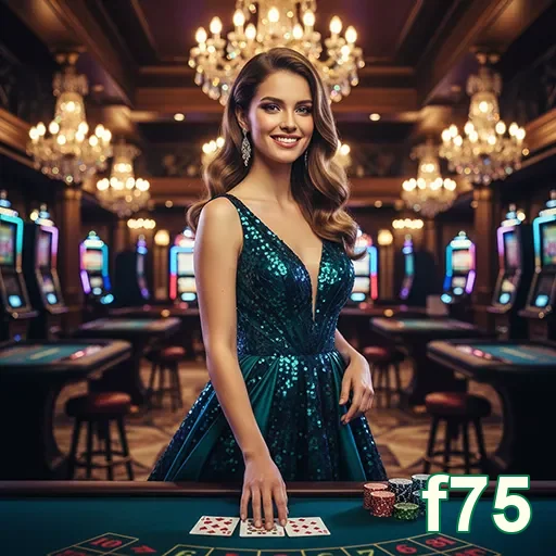 Jogadora VIP no cassino f75 com mesas e máquinas ao fundo.