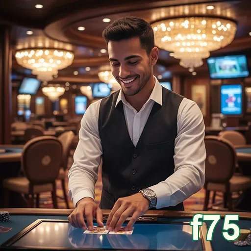 Dealer sorridente em cassino da f75 lidando cartas em mesa.