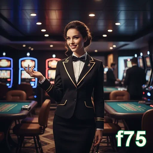 Funcionária da f75 em ambiente de cassino com mesas de jogos.